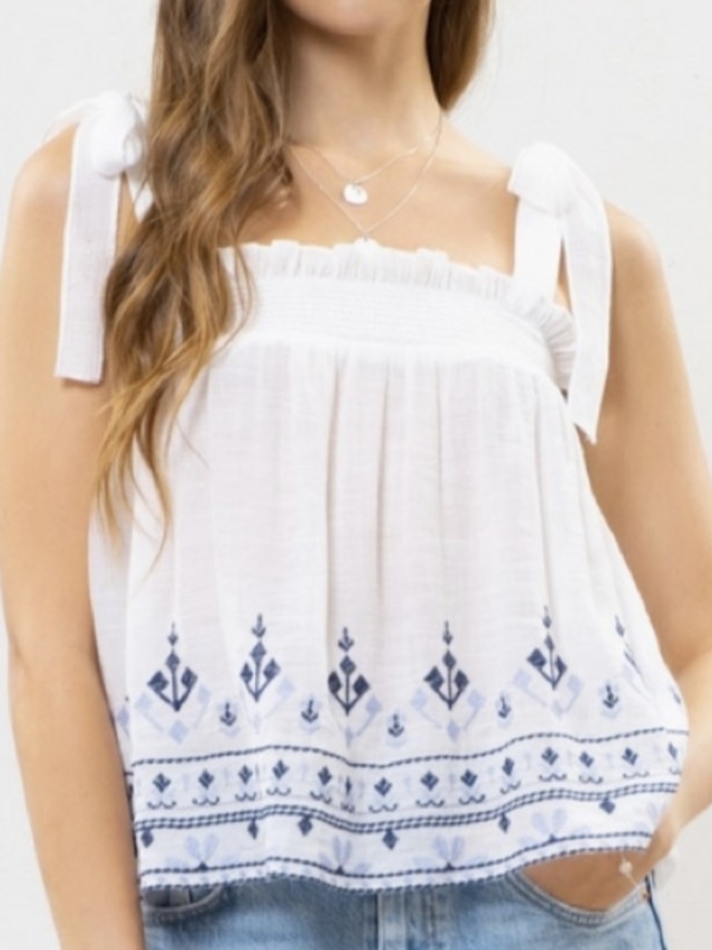 White Tie-Shoulder Camisole with Blue Embroidered Hem